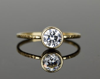 Half Carat White Diamond Engagement Ring - 5mm Half Carat Natural Diamond - Hammered SOLID 14k Gold - White Yellow or Rose Gold