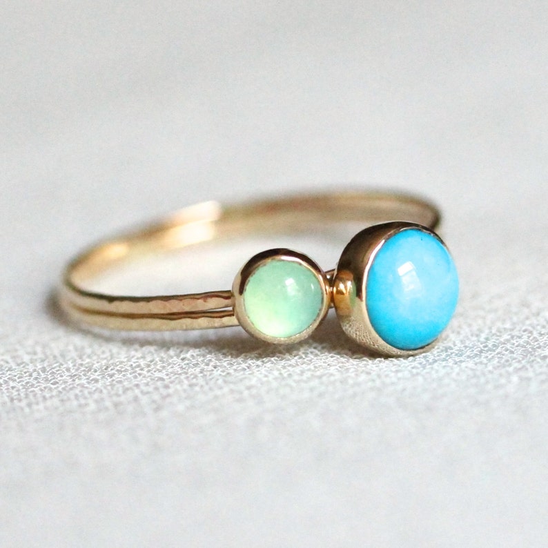 Vivid Green Chrysoprase and Sleeping Beauty Turquoise Rings Set of Two Delicate SOLID 14k Gold SOLID 14k Yellow Gold Dainty Hammered image 2