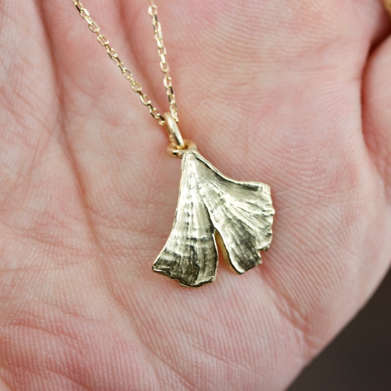 SOLID Gold Gingko Leaf Pendant and Chain Rose Gold Yellow Gold White Gold Gingko Necklace Hand Carved Gingko Leaf Necklace image 5