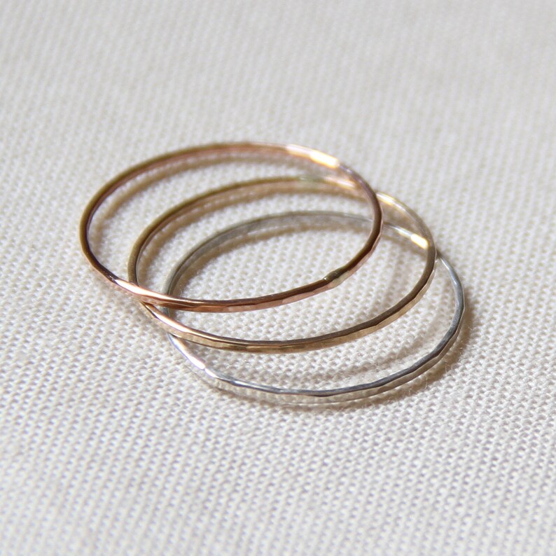 SOLID 14k Gold Rings 14k or 18k Gold Tricolor Stack Rings SOLID 14k or 18k Gold Rose White Yellow Hammered Rings Mixed Metals image 2