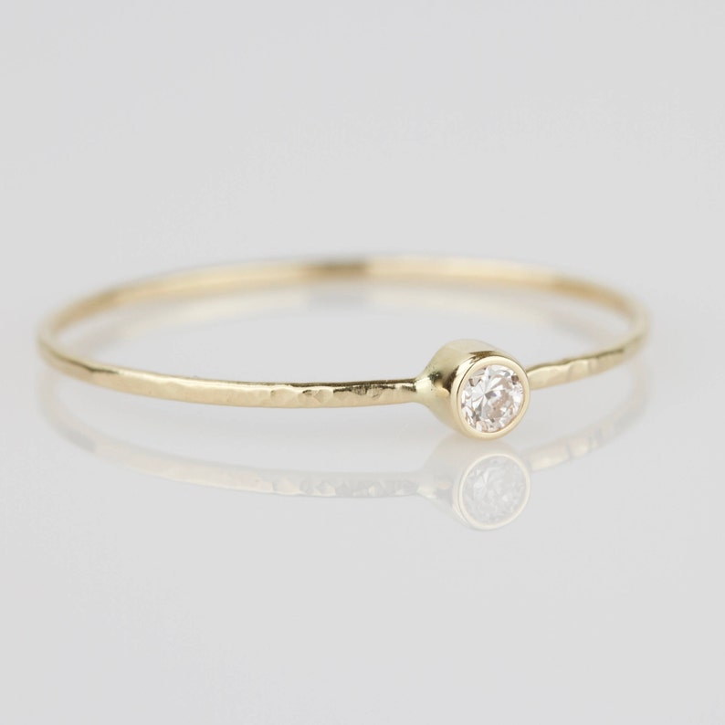 Delicate Natural White Diamond Stacking Ring SOLID 14k Gold Hammered Rose or White or Yellow Thread of Gold Tiny Dainty Stack Ring image 4