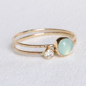 White Diamond and Aqua Chalcedony SOLID 14k Gold Rings - Set of Two Tiny Delicate Stacking Rings - Ocean and Stars Rings