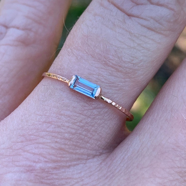 White Yellow Rose Gold Topaz Stack Ring Solid 14k Gold Sky Topaz Baguette Ring Natural Sky Topaz Art Deco Ring March Birthstone Ring