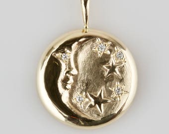Man in the Moon 14K SOLID Yellow Gold Necklace | SOLID 14K Gold Unique Moon Pendant | Moon Face Necklace