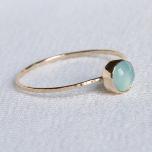 SOLID Gold Aqua Chalcedony Ring Simple Tiny Gold Chalcedony Stack Ring Hammered Gold Band Delicate Chalcedony Ring image 3