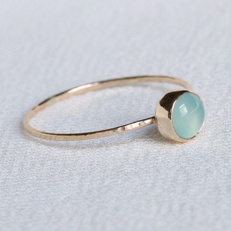 SOLID Gold Aqua Chalcedony Ring Simple Tiny Gold Chalcedony Stack Ring Hammered Gold Band Delicate Chalcedony Ring image 3