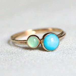 Vivid Green Chrysoprase and Sleeping Beauty Turquoise Rings Set of Two Delicate SOLID 14k Gold SOLID 14k Yellow Gold Dainty Hammered image 1