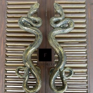 Pu&ograve; includere: Un paio di maniglie per porte a forma di serpente dorate. Le maniglie sono in metallo e hanno un design di serpente realistico. La parola "Gold" &egrave; scritta sopra le maniglie.