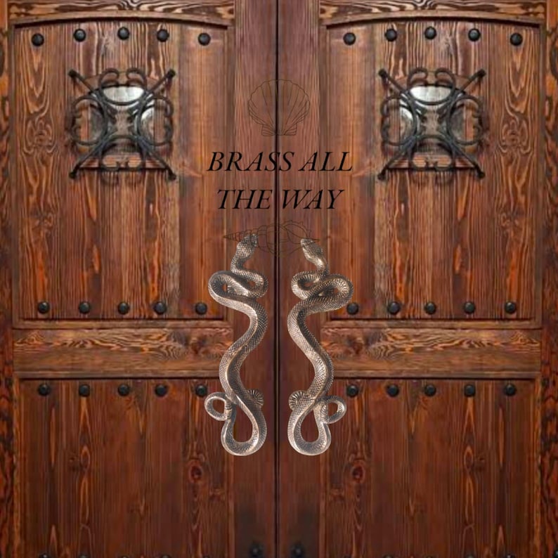 Pu&ograve; includere: Un paio di maniglie per porte in ottone ornate a forma di serpente, montate su una doppia porta in legno. Le porte sono di colore marrone scuro con dettagli in metallo nero e il testo "BRASS ALL THE WAY" &egrave; visibile sulla porta.