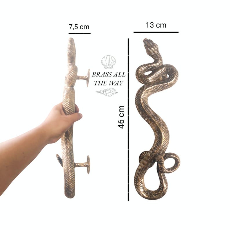Pu&ograve; includere: Una maniglia per porta a forma di serpente dorata con una superficie testurizzata. La maniglia &egrave; alta 13 cm e lunga 46 cm. "BRASS ALL THE WAY" &egrave; stampato sullo sfondo.