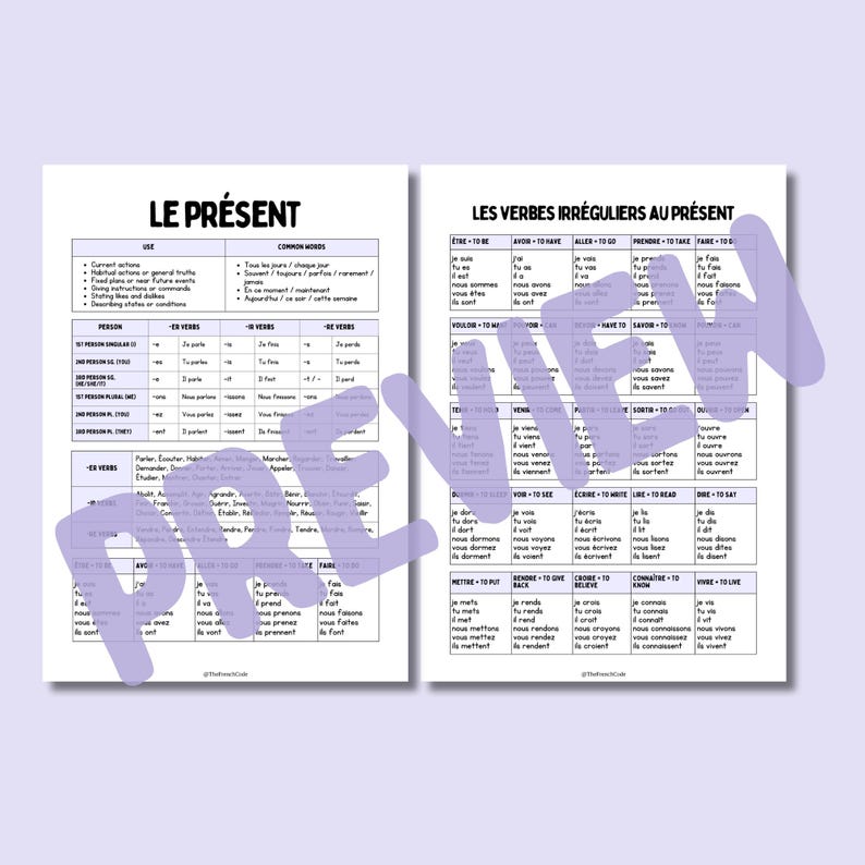 French Present Tense Summary Cheatsheet Poster | French Language ...