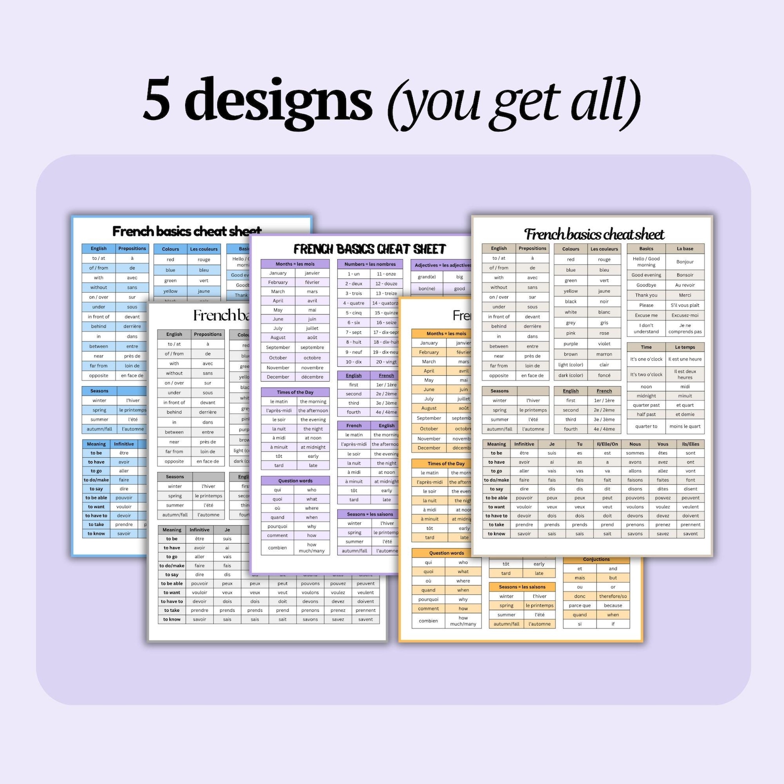 French CHEATSHEET Printable for Beginners : 5 Different Design in PDF