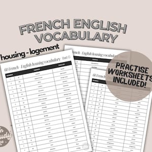 Puede incluir: Dos hojas de trabajo imprimibles en blanco y negro con vocabulario francés e inglés para la vivienda. El título de las hojas de trabajo es "60 French - English housing vocabulary". Las hojas de trabajo incluyen una columna de números, una columna francesa y una columna inglesa. El texto "Practise Worksheets Included!" está en un círculo en el lado derecho de la imagen.