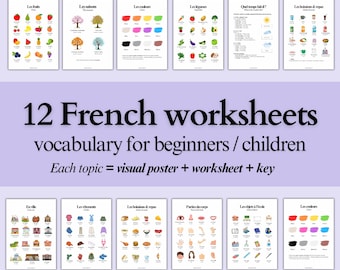 12 French Vocabulary Worksheets for Beginners | Visual Posters, Practice Exercises & Answer Key | Printable PDF Download