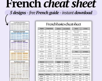 French CHEATSHEET printable for beginners : 5 different design in PDF + bonus free EBOOK
