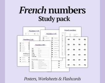 May include: A set of educational resources for learning French numbers, comprising posters, worksheets, and flashcards. The materials cover numbers from 1 to 100+ and are presented in a clear, accessible format. The title "French numbers Study pack" is displayed at the top.