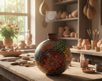 Vintage Hand-Painted Indian Metal Pot |Hand-Painted Decorative Vase|Bohemian Table Decor|Handcrafted Metal Vase|Ethnic Art Vase