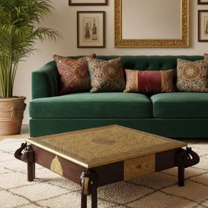 May include: A dark wood coffee table with a gold-coloured, ornate top and elephant-shaped legs. The table is in front of a green velvet sofa with patterned cushions. A potted plant and framed artwork are in the background.