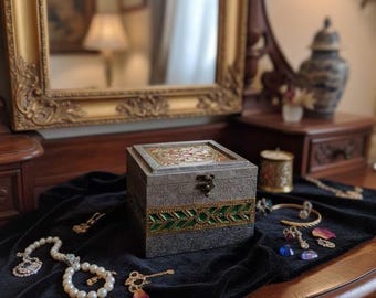Handcrafted Wooden Jewelry Box: Vintage German Silver Inlay (7 inch)