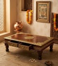 Handcrafted Wooden Brass Inlay Chowki | Indian Meditation Altar Table, Boho Decor