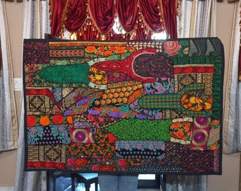 Vintage Sari Patchwork Wall Tapestry: Colorful Boho Hippie Decor