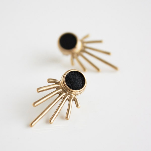 Gold burst post statement earring- brass post earring- leather earring- modern post earring