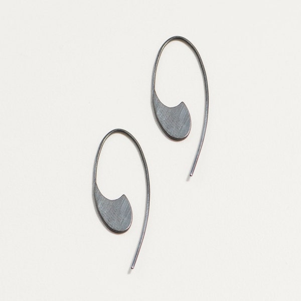 Long comma dangle earring- spiral hoop earring- modern dangle- sterling silver, oxidized silver