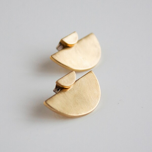 Half circle ear jacket set- small crescent stud earrings- sterling silver- Brass- modern post earrings