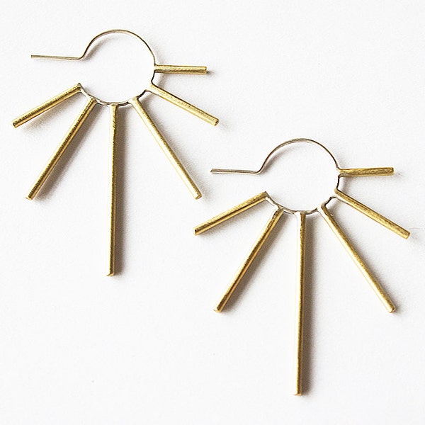 Edgy burst earring- two tone brass with silver, sterling silver or oxidized silver- dramatic sun star shape earring- lightweight unique hoop