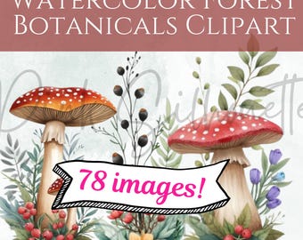 Imágenes prediseñadas de motivos de hongos del bosque en acuarela: archivos png: licencia de uso comercial: hongos, vegetación, bayas, flores, plantas, 78 elementos únicos