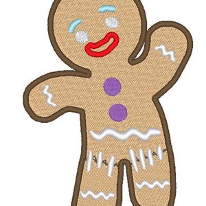 Op de afbeelding: Een ontwerp van een peperkoeken mannetje met een bruine omtrek, een bruin lichaam en kleurrijke details. Het peperkoeken mannetje heeft een rode mond, blauwe ogen, witte accenten en paarse knopen. Geschikt voor kerstknutsels en decoraties.