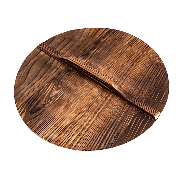 May include: A round wooden lid with a dark brown finish and a wooden handle. The lid has a natural wood grain pattern.