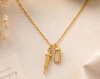 Type 1 Diabetes Necklace | Gold-Plated Insulin Vial Syringe Charm Chain