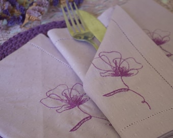 Elegant Lilac Dinner Napkins with Purple Floral Design - Mitered or Hemstitched Edge | Wedding Table Decor - 17x17 or 20x20 Napkins
