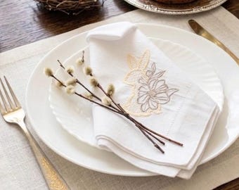 Spring Hemstitched Napkin with Easter Bunny, Floral Embroidery, Holiday Table Setting