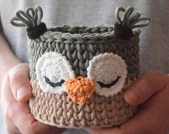 Crochet Owl Basket for Nursery Decor, Woodland Baby Shower Gift, Sleepy Owl Woven Storage, New Mom Gift Basket, Baby Room Storage Organizer