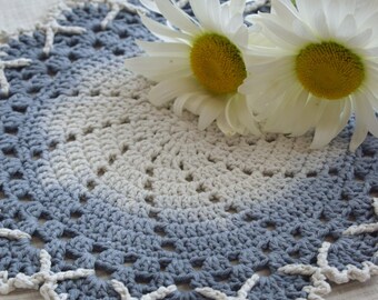 Hand-Dyed Blue Ombre Placemat, Tactile Crochet Table Decor, Watercolor Aesthetic Dining Mat, Artisan Cotton Tableware, Unique Gift for Mom