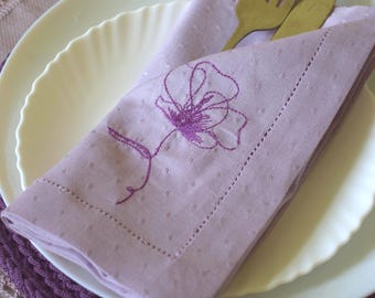 Elegant Lilac Dinner Napkins with Purple Floral Design - Mitered or Hemstitched Edge | Wedding Table Decor - 17x17 or 20x20 Napkins