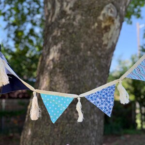 Blue Fabric Pennant Banner – Handmade Garland with Cream Tassels