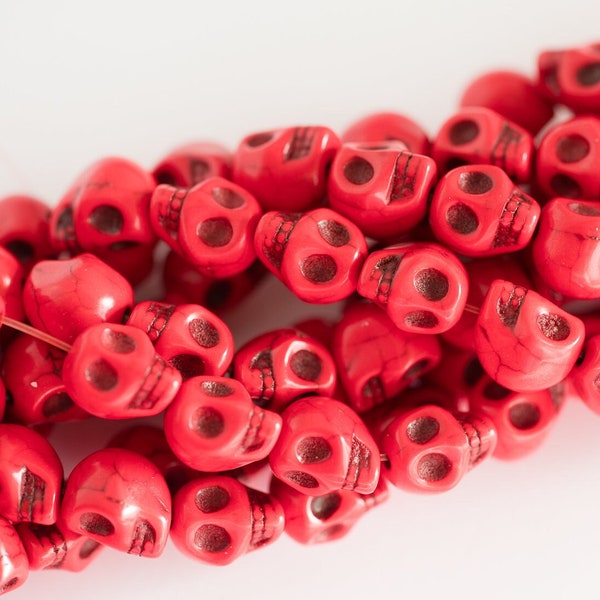 Red Howlite Stone Skull Beads 12mm, Sugar skulls,    32 piece strand -B3007