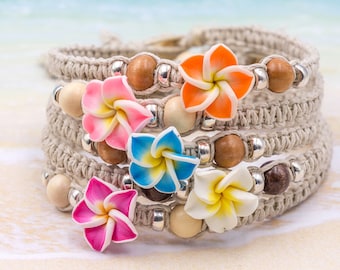 Plumeria Flower Hemp Bracelet, Anklets,  Fimo,  Wood Beads,   Macrame beach jewelry  made to order, choose the color