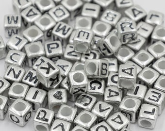 Plastic Silver Letter  Beads  7mm,  Cube shape, 85 pieces   -B3068