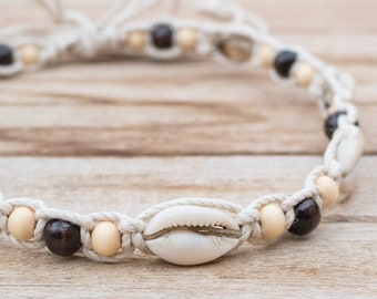 Handmade Hemp Shell Necklace: Cowrie Shell & Wood Bead Jewelry