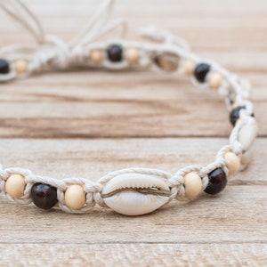 Handmade Hemp Shell Necklace: Cowrie Shell & Wood Bead Jewelry