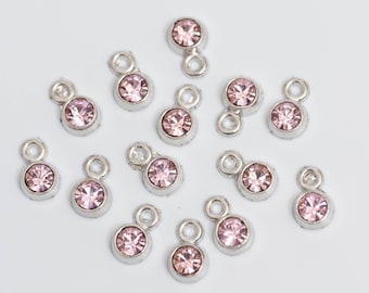 Pink Round Rhinestone Charm, Birthstone Bracelet  Charms -  20 pieces - C1246