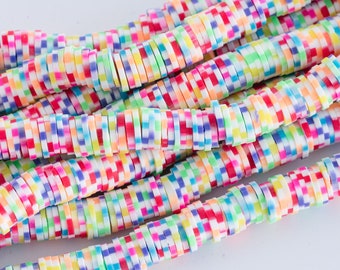 Polymer Clay Disc Beads 8mm, rainbow color vinyl beads,  One strand  -B3093