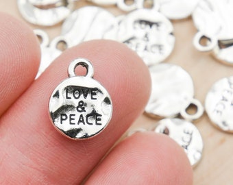 Love  Peace Charms, Round Stamped Metal Pendants, small silver charms -  Alloy Metal, 10 pieces - C1204