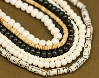 Koraliki Cowbone Bead Strands, kolor ciemnobrązowy i kremowy, sznury 7 x 15 cali -B2947