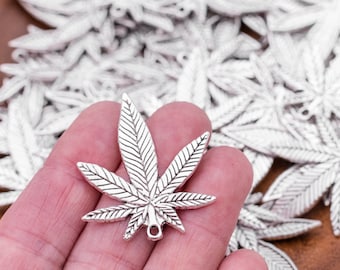 Large Silver Marijuana Leaf Pendants,  Silver Jewelry Charms, hemp jewelry supply - C1137