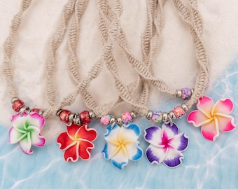 Polymer Clay Flower Necklaces:  hand knotted with hemp makes a unique gift for beach lovers